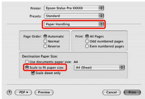 Printer: Epson Stylus Pro XXXXX Presets: Standard Paper Handling Page Order: Automatic Normal Reverse Print: All Pages Odd numbered pages Even numbered pages Destination Paper Size: Use documents paper size: A4 Scale to fit paper size: A4 (Sheet) Scale down only ? PDF Preview Cancel Print