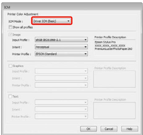 ICM Printer Color Adjustment ICM Mode : Driver ICM (Basic) Show all profiles Image Input Profile : 6RGB IEC61996-2.1 Intent : Perceptual Printer Profile : EPSON Standard Printer Profile Description Epson Stylus Pro XXXX_XXXX_XXXX_XXXX PremiumClusterPhotoPaper 260 Graphics Input Profile : Intent : Printer Profile : Printer Profile Description Text Input Profile : Intent : Printer Profile : Printer Profile Description OK Cancel Help