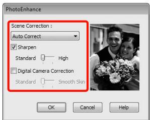PhotoEnhance Scene Correction : Auto Correct Sharpen Standard High Digital Camera Correction Standard Smooth Skin OK Cancel Help