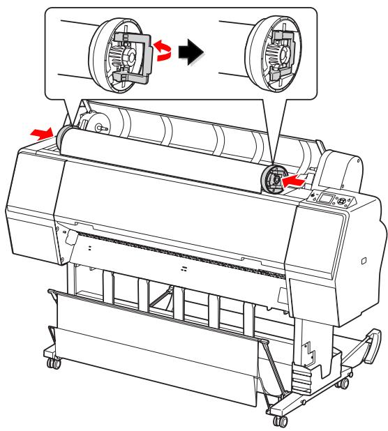 EPSON STYLUS PRO WT7910 - Fixez les adaptateurs à chaque extrémité du rouleau. Enfoncez le levier de chaque côté pour le maintenir en place. - 1
