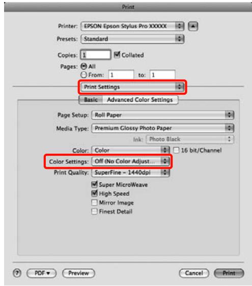 EPSON STYLUS PRO 4900 - En outre, sous Mac OS X 10.5, selectionnez Print Settings (Configuration Imprimante) dans la liste, puis selectionnez Off (No Color Adjustment) (Désactivé (Pas de calibrage couleur)) pour le paramètre Color Settings (Paramètres couleurs). - 1