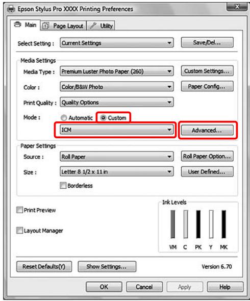 EPSON STYLUS PRO 9700 - Sélectionnez Custom (Perso.) pour le Mode dans le menu Main (Principal),CHOISSEZ ICM, puis cliquez sur Advanced (Plus d'options). - 1