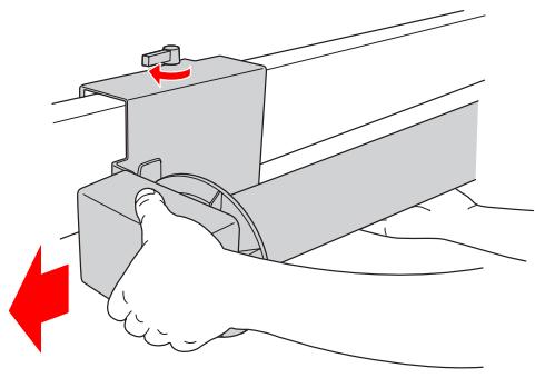 EPSON STYLUS PRO 9700 - Tournez le levier pour déverrouiller l'unité amovible et faites ensuite glisser l'unité vers la gauche afin que l'embout se dégage de l'extrémité du mandrin de réception. - 1