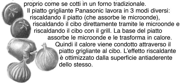 proprio come se cotti in un forno tradizionale. Il piatto grigliante Panasonic lavora in 3 modi diversi: riscaldando il piatto (che assorbe le microonde), riscaldando il cibo direttamente tramite le microonde e riscaldando il cibo con il grill. La base del piatto assorbe le microonde e le trasforma in calore. Quindi il calore viene condotto attraverso il piatto grigliante al cibo. L'effetto riscaldante è ottimizzato dalla superficie antiaderente dello stesso.