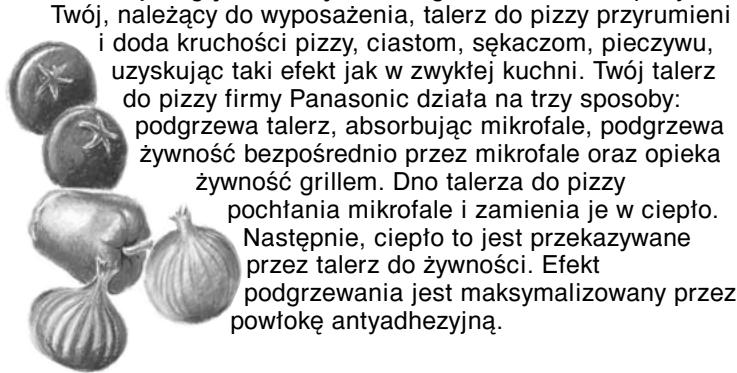 Twój, należący do wyposażenia, talerz do pizzy przyrumieni i doda kruchości pizzy, ciastom, sękaczom, pieczywu, uzyskując taki efekt jak w zwykłej kuchni. Twój talerz do pizzy firmy Panasonic działa na trzy sposoby: podgrzewa talerz, absorbując mikrofale, podgrzewa żywność bezpośrednio przez mikrofale oraz opieka żywność grillem. Dno talerza do pizzy pochłania mikrofale i zamienia je w ciepło. Następnie, ciepło to jest przekazywane przez talerz do żywności. Efekt podgrzewania jest maksymalizowany przez powłokę antyadhezyjną.