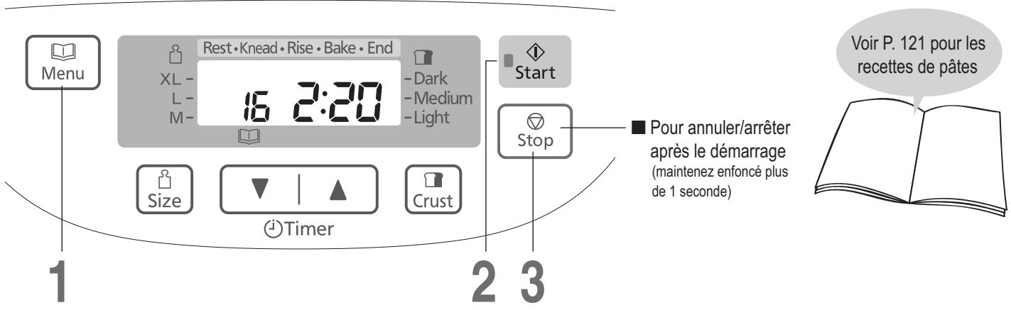 Menu Repos • Pétrissage • Levée • Cuisson • Fin XL - 16 2:20 -L- M- -Doré -Moyen -Pâle Start Size Timer Crust Stop Pour annuler/arrêter après le démarrage (maintenez enfoncé plus de 1 seconde) Voir P. 121 pour les recettes de pâtes 1 2 3