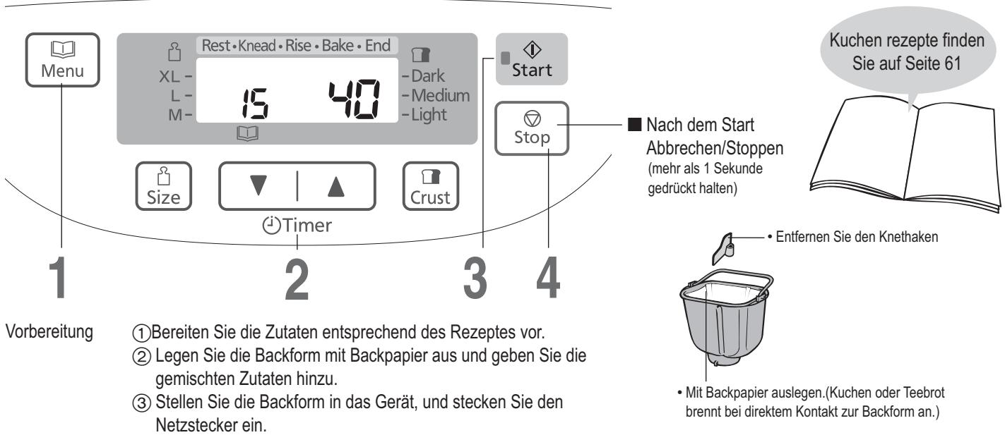 Menu Rest • Knead • Rise • Bake • End XL - 15 40 -L- M- Dark -Medium -Light Start Size Timer Crust Stop Nach dem Start Abbrechen/Stoppen (mehr als 1 Sekunde gedrückt halten) Vorbereitung ①Bereiten Sie die Zutaten entsprechend des Rezeptes vor. ②Legen Sie die Backform mit Backpapier aus und geben Sie die gemischten Zutaten hinzu. ③Stellen Sie die Backform in das Gerät, und stecken Sie den Netzstecker ein. Kuchen rezepte finden Sie auf Seite 61 Entfernen Sie den Knethaken Mit Backpapier auslegen.(Kuchen oder Teebrot brennt bei direktem Kontakt zur Backform an.) Vorbereitung
