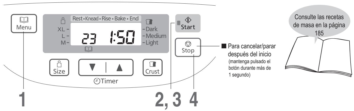 Menu Rest • Knead • Rise • Bake • End XL - 23 1:50 -L- M- -Dark -Medium -Light Start Size Timer Crust Stop Para cancelar/parar después del inicio (mantenga pulsado el botón durante más de 1 segundo) Consulte las recetas de masa en la página 185 1 2, 3 4