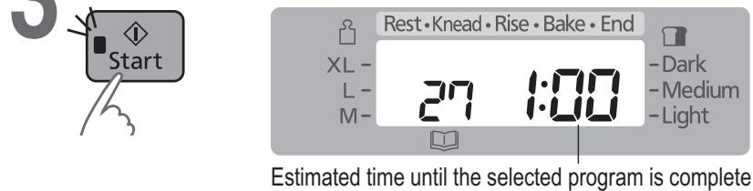 Start Rest • Knead • Rise • Bake • End XL - L- M- 27 1:00 - Dark - Medium - Light Estimated time until the selected program is complete