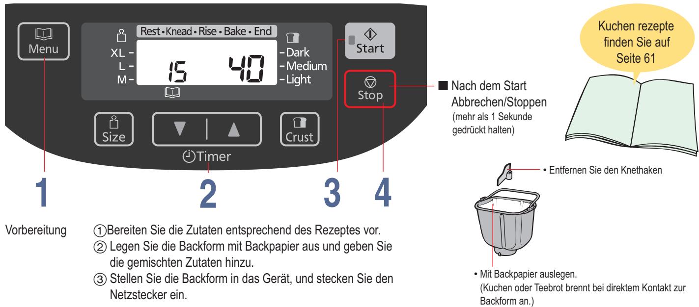 Menu Rest • Knead • Rise • Bake • End XL - 15 40 -L-M -Dark -Medium -Light Start Stop Size Timer Crust Vorbereitung 2 3 4 Nach dem Start Abbrechen/Stoppen (mehr als 1 Sekunde gedrückt halten) Kuchen rezepte finden Sie auf Seite 61 • Entfernen Sie den Knethaken • Mit Backpapier auslegen. (Kuchen oder Teebrot brennt bei direktem Kontakt zur Backform an.) ① Bereiten Sie die Zutaten entsprechend des Rezeptes vor. ② Legen Sie die Backform mit Backpapier aus und geben Sie die gemischten Zutaten hinzu. ③ Stellen Sie die Backform in das Gerät, und stecken Sie den Netzstecker ein.