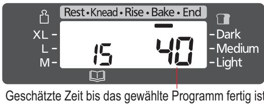 Rest • Knead • Rise • Bake • End XL - L - M- 15 40 Dark Medium Light Geschätzte Zeit bis das gewählte Programm fertig ist