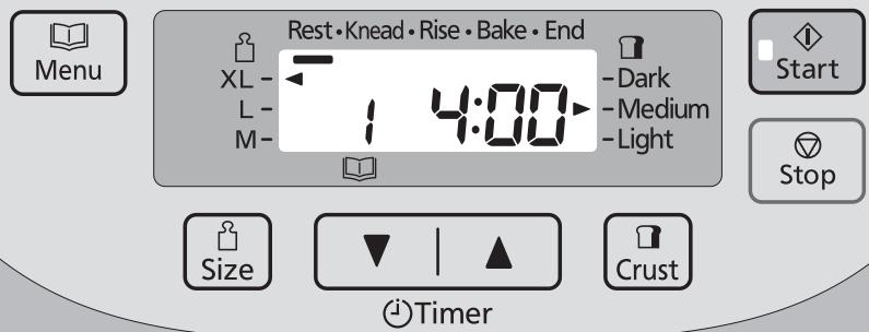 Rest • Knead • Rise • Bake • End XL - 1 4:00 L - M - - Dark - Medium - Light Start Stop Size Timer Crust