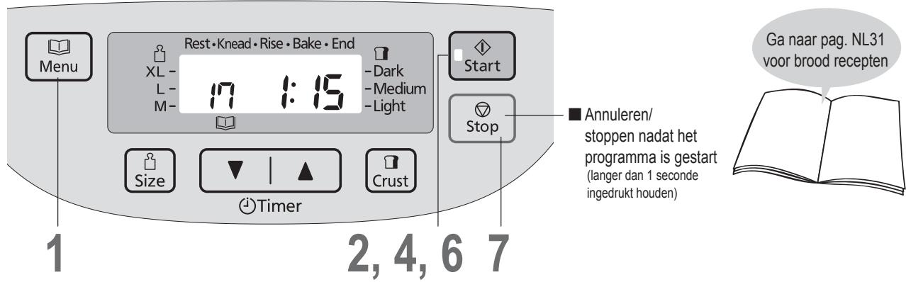 Rest • Knead • Rise • Bake • End XL - 17 1:15 L - Medium M - Light Start Stop ■ Annuleren/ stoppen nadat het programma is gestart (langer dan 1 seconde ingedrukt houden) Ga naar pag. NL31 voor brood recepten 1 2, 4, 6 7 Size Timer Crust