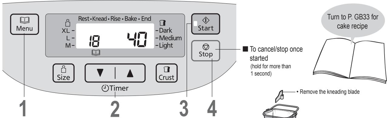 Menu Rest • Knead • Rise • Bake • End XL - 18 40 -L- M- Dark -Medium -Light Start Stop Size Timer Crust 1 2 3 4 ■ To cancel/stop once started (hold for more than 1 second) Turn to P. GB33 for cake recipe • Remove the kneading blade