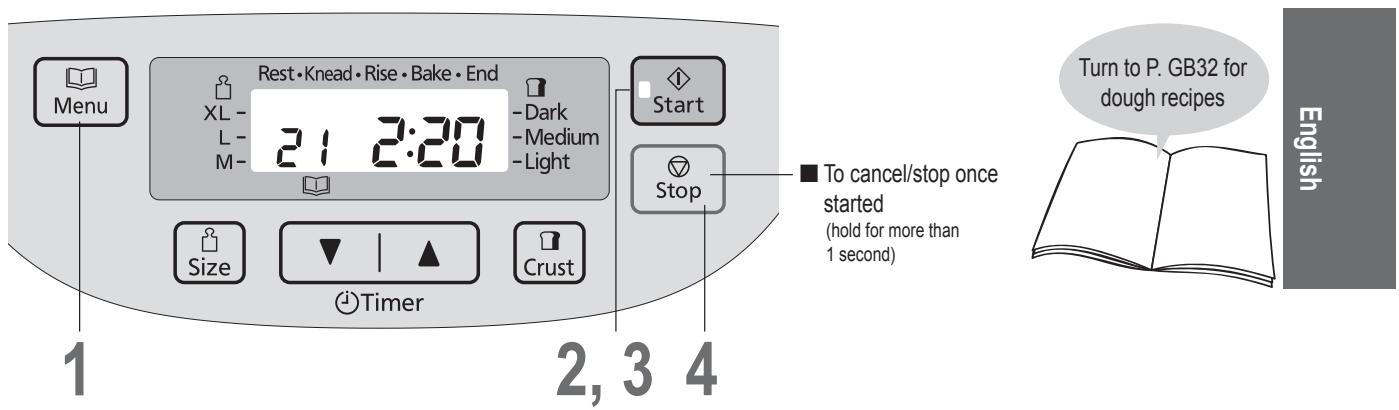 Menu Rest•Knead•Rise•Bake•End XL- 21 2:20 -L- M- Dark -Medium -Light Start Stop ■ To cancel/stop once started (hold for more than 1 second) Size Timer Crust 2, 3 4 Turn to P. GB32 for dough recipes English