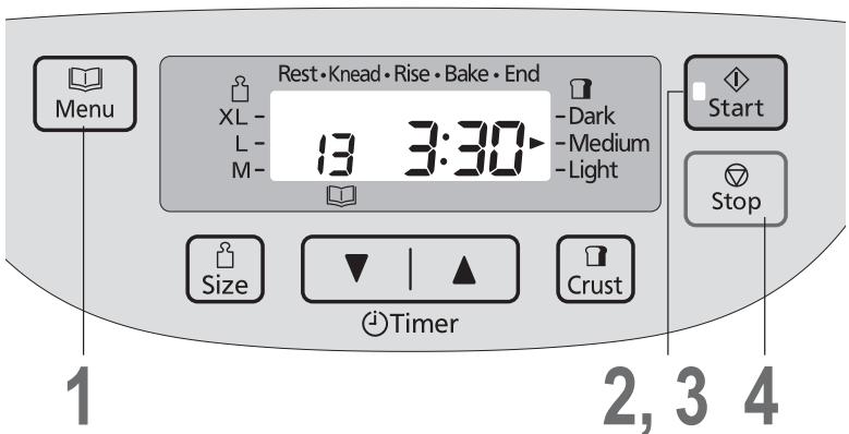 Rest • Knead • Rise • Bake • End XL - L- M- 13 3:30 -Dark -Medium -Light Start Stop Size Timer Crust 1 2, 3 4