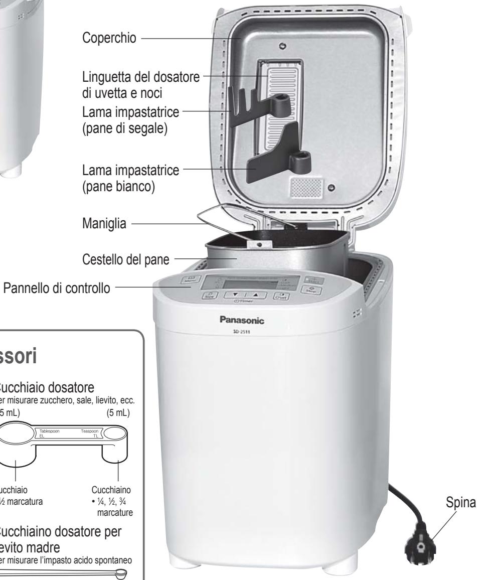 Coperchio Linguetta del dosatore di uvetta e noci Lama impastatrice (pane di segale) Lama impastatrice (pane bianco) Maniglia Cestello del pane Pannello di controllo Panasonic 50-2511 Spina Cucchiaio dosatore per misurare zucchero, sale, lievito, ecc. (5 mL) (5 mL) Tablespoon EL Teaspoon TL Cucchiaio ½ marcatura Cucchiaino • ¼, ½, ¾ marcature Cucchiaino dosatore per levito madre per misurare l'impasto acido spontaneo