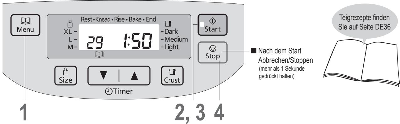 Rest • Knead • Rise • Bake • End XL - 29 1:50 -L- M- -Dark -Medium -Light Start Stop ■ Nach dem Start Abbrechen/Stoppen (mehr als 1 Sekunde gedrückt halten) Teigrezepte finden Sie auf Seite DE36 Size Timer Crust 1 2, 3 4