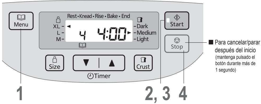 Menu Rest • Knead • Rise • Bake • End XL - 4 4:00 -L- M- -Dark -Medium -Light Start Stop ■ Para cancelar/parar después del inicio (mantenga pulsado el botón durante más de 1 segundo) Size Timer Crust 1 2, 3 4
