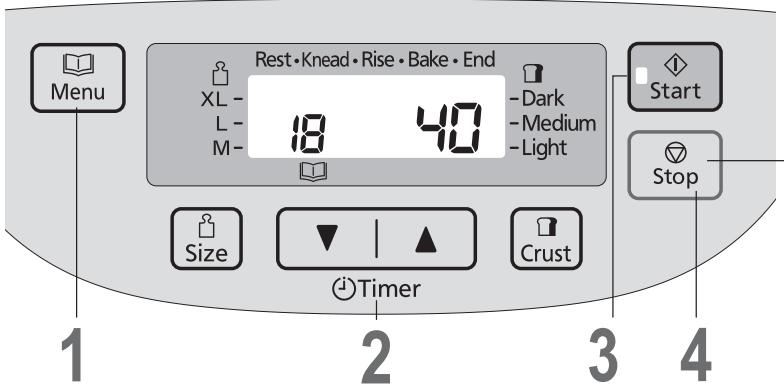 Menu XL- L- M- Rest·Knead·Rise·Bake·End - Dark - Medium - Light Size Timer Crust Start Stop 1 2 3 4