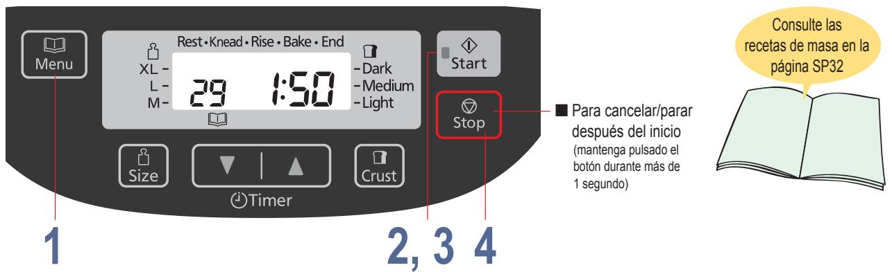 Menu Rest·Knead·Rise·Bake·End XL- 29 1:50 - Dark - Medium - Light Start Stop Size Timer Crust 1 2, 3 4 ■ Para cancelar/parar después del inicio (mantenga pulsado el botón durante más de 1 segundo) Consulte las recetas de masa en la página SP32