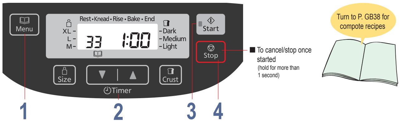 Rest·Knead·Rise·Bake·End XL- 33 1:00 -L- M- -Dark -Medium -Light Start Stop To cancel/stop once started (hold for more than 1 second) Size Timer Crust 1 2 3 4 Turn to P. GB38 for compute recipes