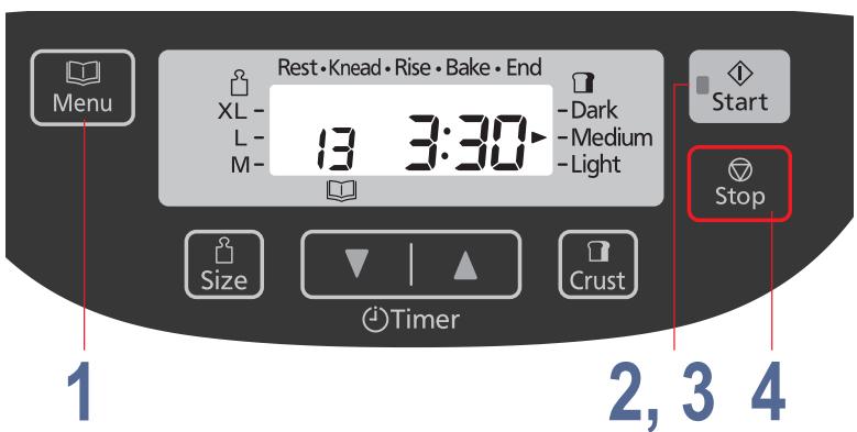 Rest • Knead • Rise • Bake • End XL - L- M- 13 3:30 - Dark - Medium - Light Start Stop Size Timer Crust 1 2, 3 4