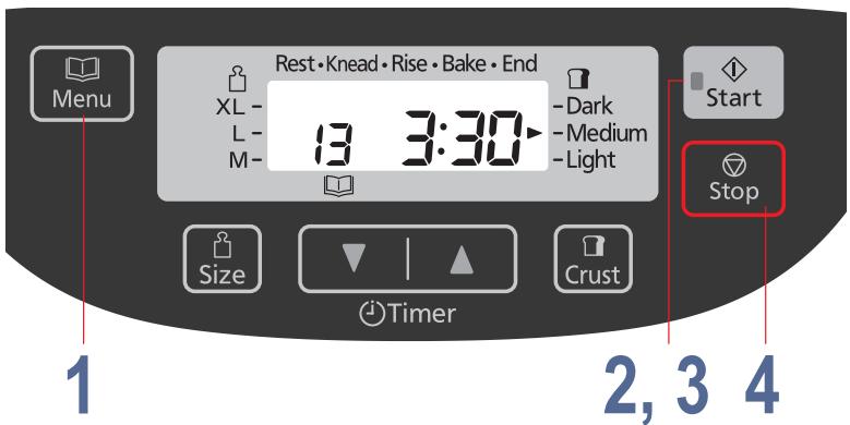 Rest • Knead • Rise • Bake • End XL - L- M- 13 3:30 - Dark - Medium - Light Start Stop Size Timer Crust 1 2, 3 4