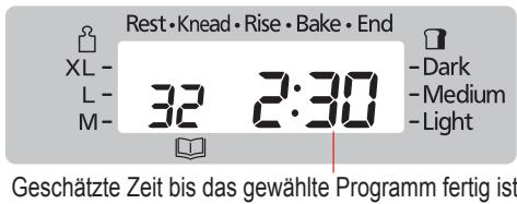 Rest • Knead • Rise • Bake • End XL - L - M- 32 2:30 -Dark -Medium -Light Geschätzte Zeit bis das gewählte Programm fertig ist