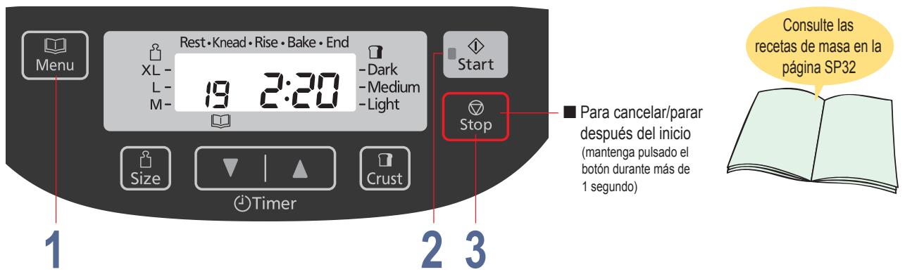 Menu Rest·Knead·Rise·Bake·End XL - 19 2:20 -L- M- -Dark -Medium -Light Start Stop Size Timer Crust 1 2 3 ■ Para cancelar/parar después del inicio (mantenga pulsado el botón durante más de 1 segundo) Consulte las recetas de masa en la página SP32