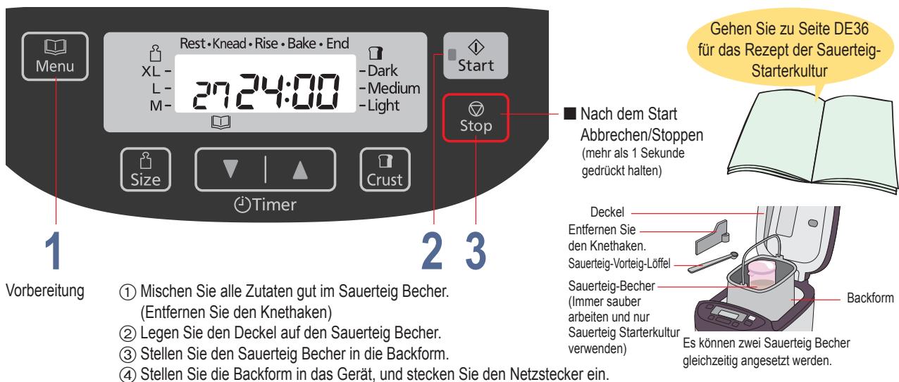 Menu Rest • Knead • Rise • Bake • End XL - 27 24:00 -L- M- Dark -Medium -Light Start Stop Size Crust Timer Vorbereitung 1 2 3 Nach dem Start Abbrechen/Stoppen (mehr als 1 Sekunde gedrückt halten) Deckel Entfernen Sie den Knethaken. Sauerteig-Vorteig-Löffel Sauerteig-Becher (Immer sauber arbeiten und nur Sauerteig Starterkultur verwenden) Backform Es können zwei Sauerteig Becher gleichzeitig angesetzt werden. ① Mischen Sie alle Zutaten gut im Sauerteig Becher. (Entfernen Sie den Knethaken) ② Legen Sie den Deckel auf den Sauerteig Becher. ③ Stellen Sie den Sauerteig Becher in die Backform. ④ Stellen Sie die Backform in das Gerät, und stecken Sie den Netzstecker ein.