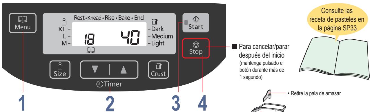 Menu Rest·Knead·Rise·Bake·End XL - 18 40 -L- M- -Dark -Medium -Light Start Stop Size Timer Crust 1 2 3 4 Consulte las receta de pasteles en la página SP33 Para cancelar/parar después del inicio (mantenga pulsado el botón durante más de 1 segundo) Retire la pala de amasar