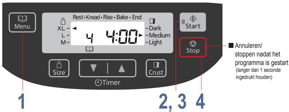 Rest • Knead • Rise • Bake • End XL - L- M- 4 4:00 -Dark -Medium -Light Start Stop Size Timer Crust 1 2, 3 4 ■ Annuleren/ stoppen nadat het programma is gestart (langer dan 1 seconde ingedrukt houden)