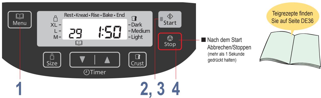 Rest • Knead • Rise • Bake • End XL - 29 1:50 - Dark - Medium - Light Start Stop Nach dem Start Abbrechen/Stoppen (mehr als 1 Sekunde gedrückt halten) Teigrezepte finden Sie auf Seite DE36 Menu Size Timer Crust 1 2, 3 4