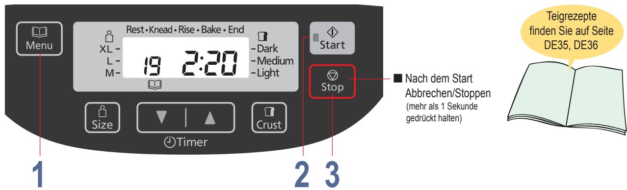Menu Rest • Knead • Rise • Bake • End XL - 19 2:20 -L- M- -Dark -Medium -Light Start Stop Size Timer Crust 2 3 Nach dem Start Abbrechen/Stoppen (mehr als 1 Sekunde gedrückt halten) Teigrezepte finden Sie auf Seite DE35, DE36