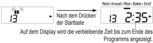 13 Nach dem Drücken der Starttaste Rest•Knead•Rise•Bake•End 13 2:35 Auf dem Display wird die verbleibende Zeit bis zum Ende des Programms angezeigt.