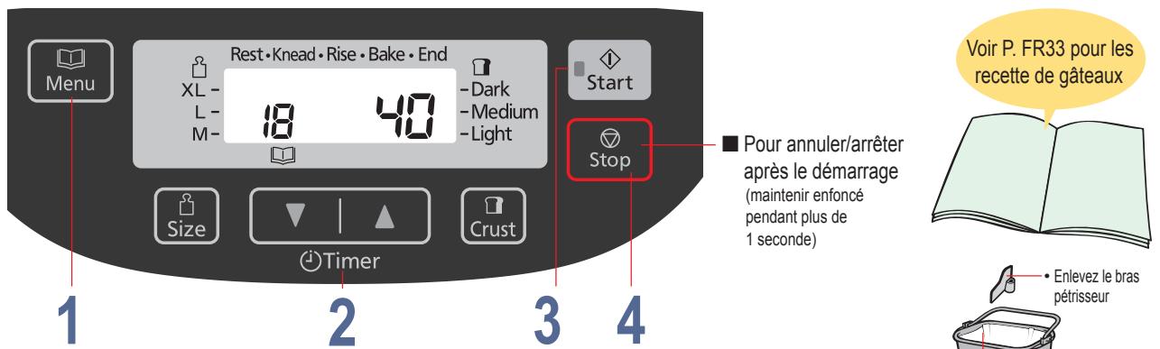 Menu Rest • Knead • Rise • Bake • End XL - 18 40 - Dark - Medium - Light Start Stop Size Timer Crust Pour annuler/arrêter après le démarrage (maintenir enfoncé pendant plus de 1 seconde) Voir P. FR33 pour les recette de gâteaux Enlevez le bras pétrisseur