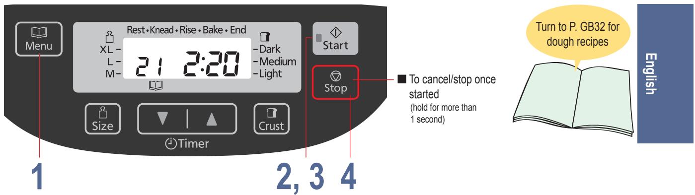 Rest·Knead·Rise·Bake·End XL- 21 2:20 - Dark - Medium - Light Start Stop To cancel/stop once started (hold for more than 1 second) Turn to P. GB32 for dough recipes Size Timer Crust 1 2, 3 4 English