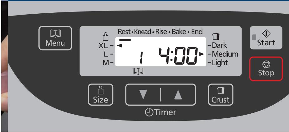 Rest • Knead • Rise • Bake • End XL - 1 4:00 - Dark L - 1 4:00 - Medium M - 1 4:00 - Light Start Stop Size Timer Crust