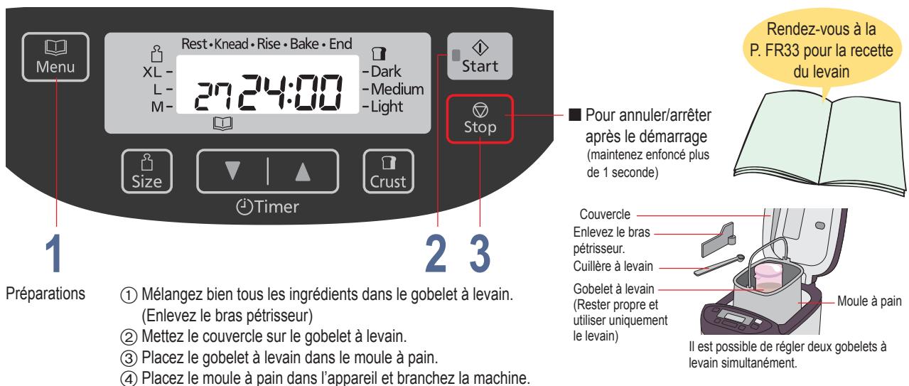 Menu Rest • Knead • Rise • Bake • End XL - 27 24:00 -L- M- Dark -Medium -Light Start Size Crust Timer Stop Pour annuler/arrêter après le démarrage (maintenez enfoncé plus de 1 seconde) Rendez-vous à la P. FR33 pour la recette du levain Préparations ① Mélangez bien tous les ingrédients dans le gobelet à levain. (Enlevez le bras pétrisseur) ② Mettez le couvercle sur le gobelet à levain. ③ Placez le gobelet à levain dans le moule à pain. ④ Placez le moule à pain dans l'appareil et branchez la machine. Couvercle Enlevez le bras pétrisseur. Cuillère à levain Gobelet à levain (Rester propre et utiliser uniquement le levain) Moule à pain Il est possible de régler deux gobelets à levain simultanément.