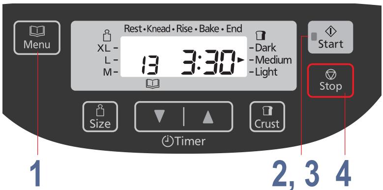 Rest • Knead • Rise • Bake • End XL - L - M- 13 3:30 - Dark - Medium - Light Start Stop Size Timer Crust 1 2, 3 4