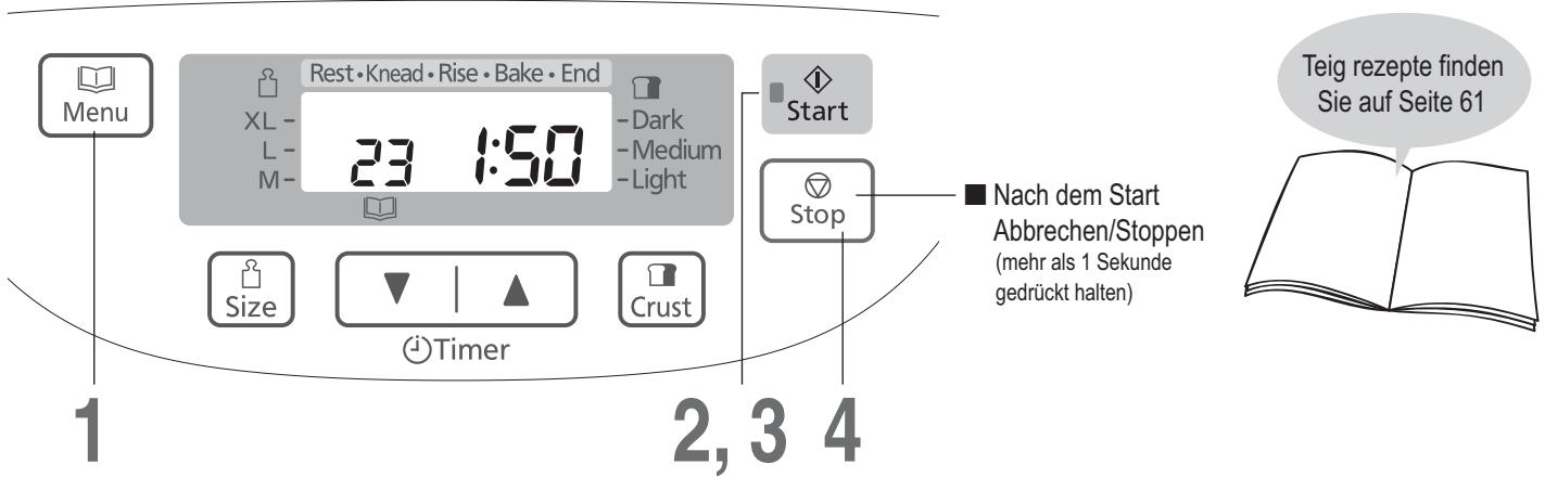 Menu Rest • Knead • Rise • Bake • End XL - 23 1:50 -L- M- Dark -Medium -Light Start Size Timer Crust Stop Nach dem Start Abbrechen/Stoppen (mehr als 1 Sekunde gedrückt halten) Teig rezepte finden Sie auf Seite 61 1 2, 3 4