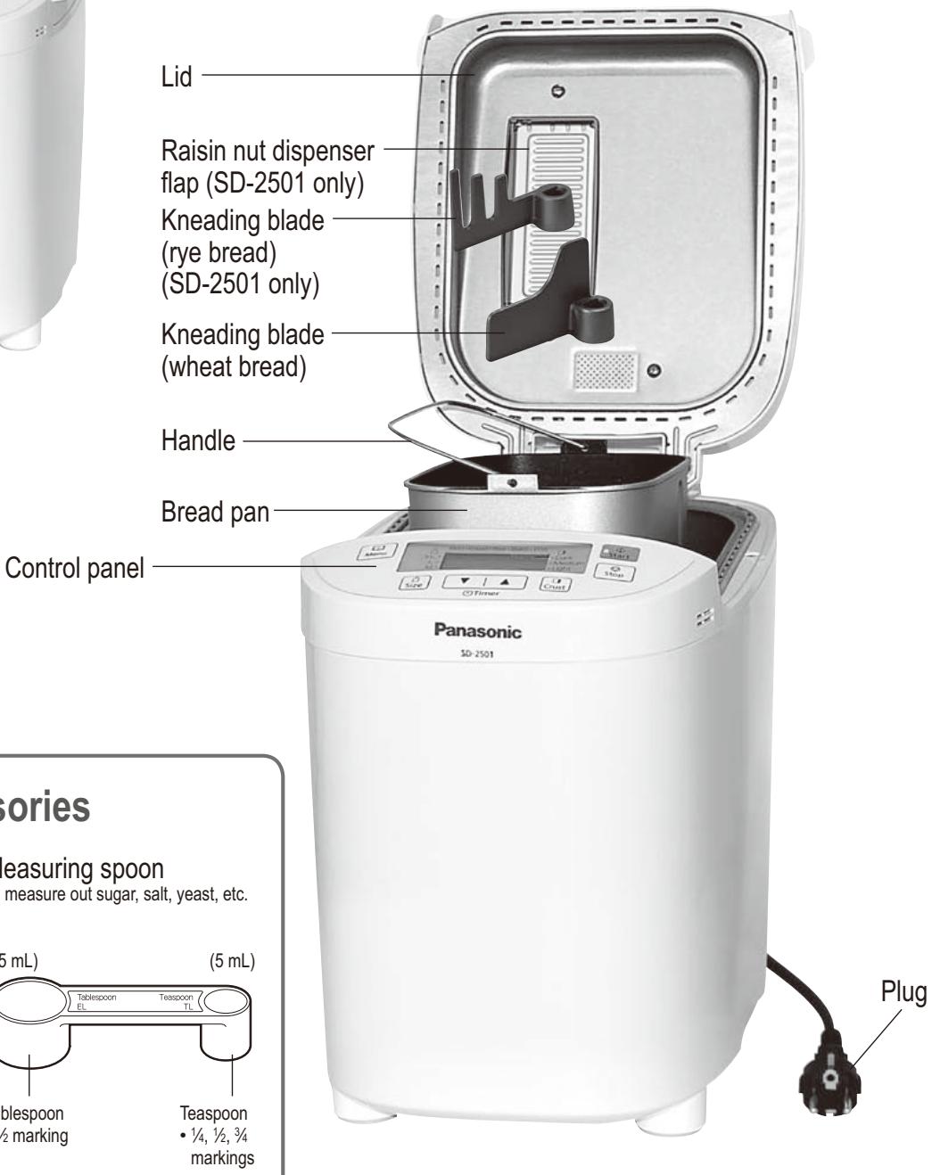 Lid Raisin nut dispenser flap (SD-2501 only) Kneading blade (rye bread) (SD-2501 only) Kneading blade (wheat bread) Handle Bread pan Control panel Panasonic 50-2501 Tablespoon EL Teaspoon TL (5 mL) Tablespoon ½ marking Teaspoon • ¼, ½, ¾ markings Plug