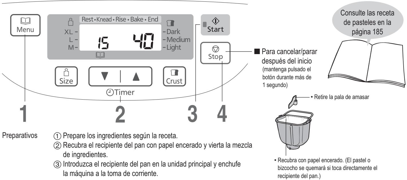 Menu Rest • Knead • Rise • Bake • End XL - 15 40 -L- M- Dark -Medium -Light Start Size Timer Crust Stop Para cancelar/parar después del inicio (mantenga pulsado el botón durante más de 1 segundo) Consulte las receta de pasteles en la página 185 Preparativos ① Prepare los ingredientes según la receta. ② Recubra el recipiente del pan con papel encerado y vierta la mezcla de ingredientes. ③ Introduzca el recipiente del pan en la unidad principal y enchufe la máquina a la toma de corriente. Retire la pala de amasar • Recubra con papel encerado. (El pastel o bizcocho se quemará si toca directamente el recipiente del pan.) Consulte las receta de pasteles en la página 185