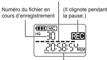 Numéro du fichier en cours d'enregistrement (II clignote pendant la pause.) MIC HQ REC 20:58:54 REM