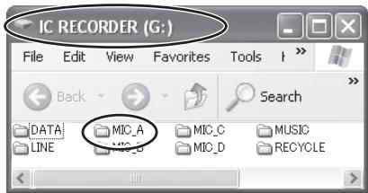 IC RECORDER (G:) File Edit View Favorites Tools Back Search DATA MIC_A MIC_C MUSIC LINE MIC_B MIC_D RECYCLE