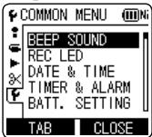 COMMON MENU BEEP SOUND REC LED DATE & TIME TIMER & ALARM BATT. SETTING TAB CLOSE
