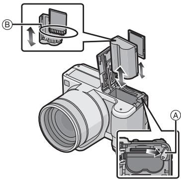 PANASONIC LUMIX DMC-FZ28 - Batterie: Introduisez la batterie complètement chargée en faisant attention au sens de cette-ci. Tirez le levier A dans le sens de la flèche pour retarder la batterie. - 1