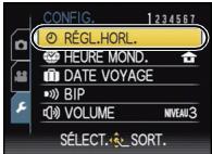 CONFIG. 1234567 RÉGL.HORL. HEURE MOND. DATE VOYAGE BIP VOLUME NIVEAU 3 SÉLECT.SORT.