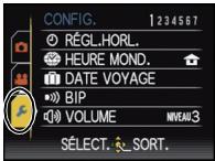 CONFIG. 1234567 RÉGL.HORL. HEURE MOND. DATE VOYAGE BIP VOLUME NIVEAU 3 SÉLECT. SORT.